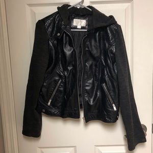 Faux leather jacket with cotton sleeves & hood
